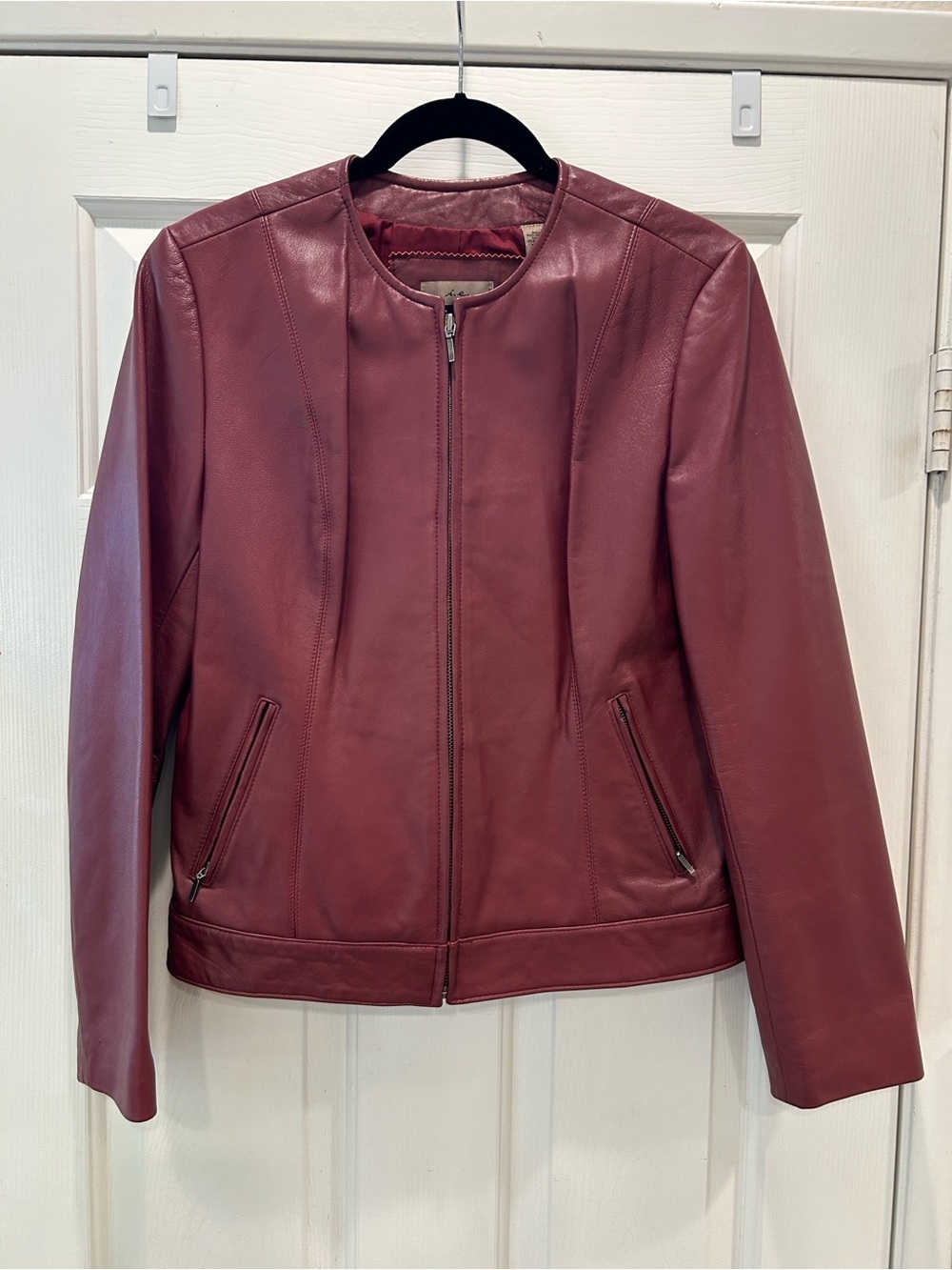 i.e. Genuine Leather Jacket Burgundy Zip Front Collarless Moto Jacket Medium